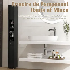Giantex Colonne WC avec 2 Portes 1 Tiroir 5 Etageres Reglables Anti-basculement Meuble Colonne pour Petits Espaces 20x20x180cm