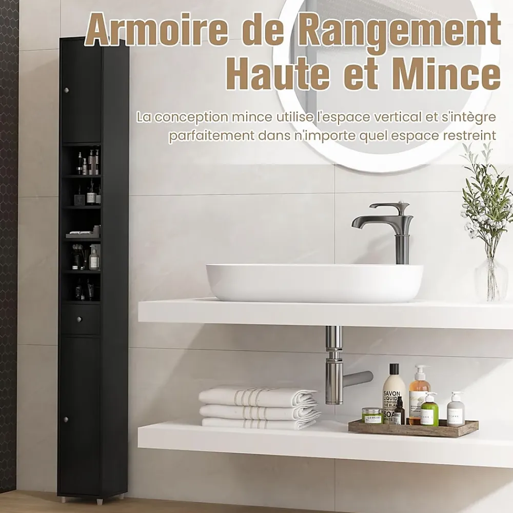 Giantex Colonne WC avec 2 Portes 1 Tiroir 5 Etageres Reglables Anti-basculement Meuble Colonne pour Petits Espaces 20x20x180cm