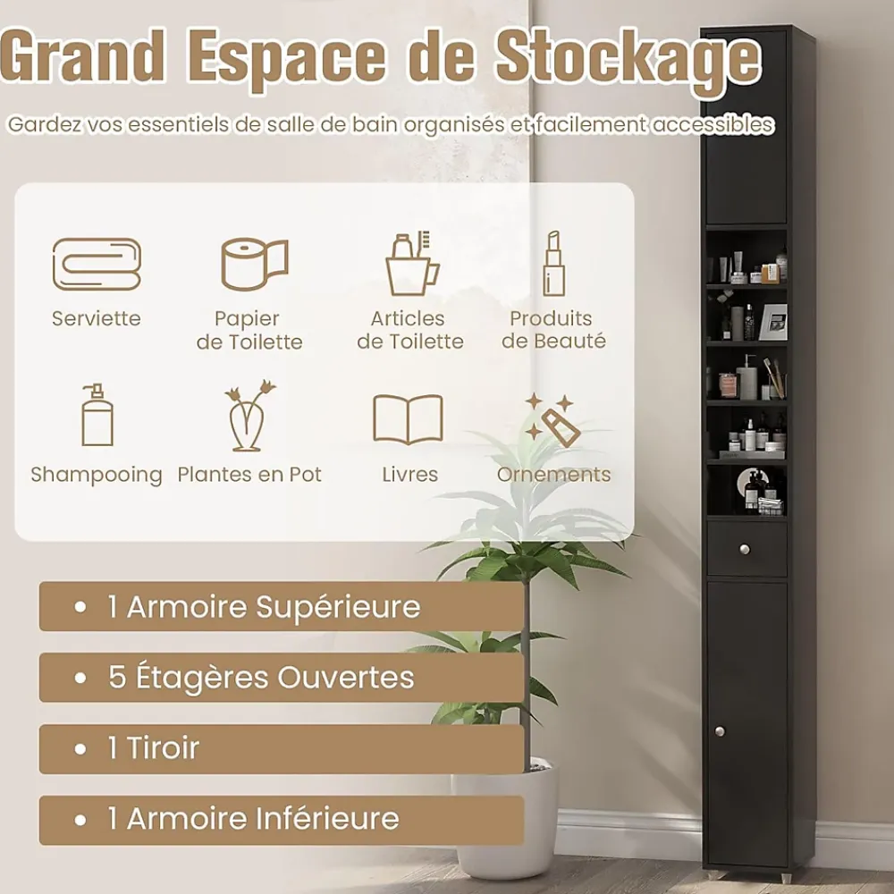 Giantex Colonne WC avec 2 Portes 1 Tiroir 5 Etageres Reglables Anti-basculement Meuble Colonne pour Petits Espaces 20x20x180cm
