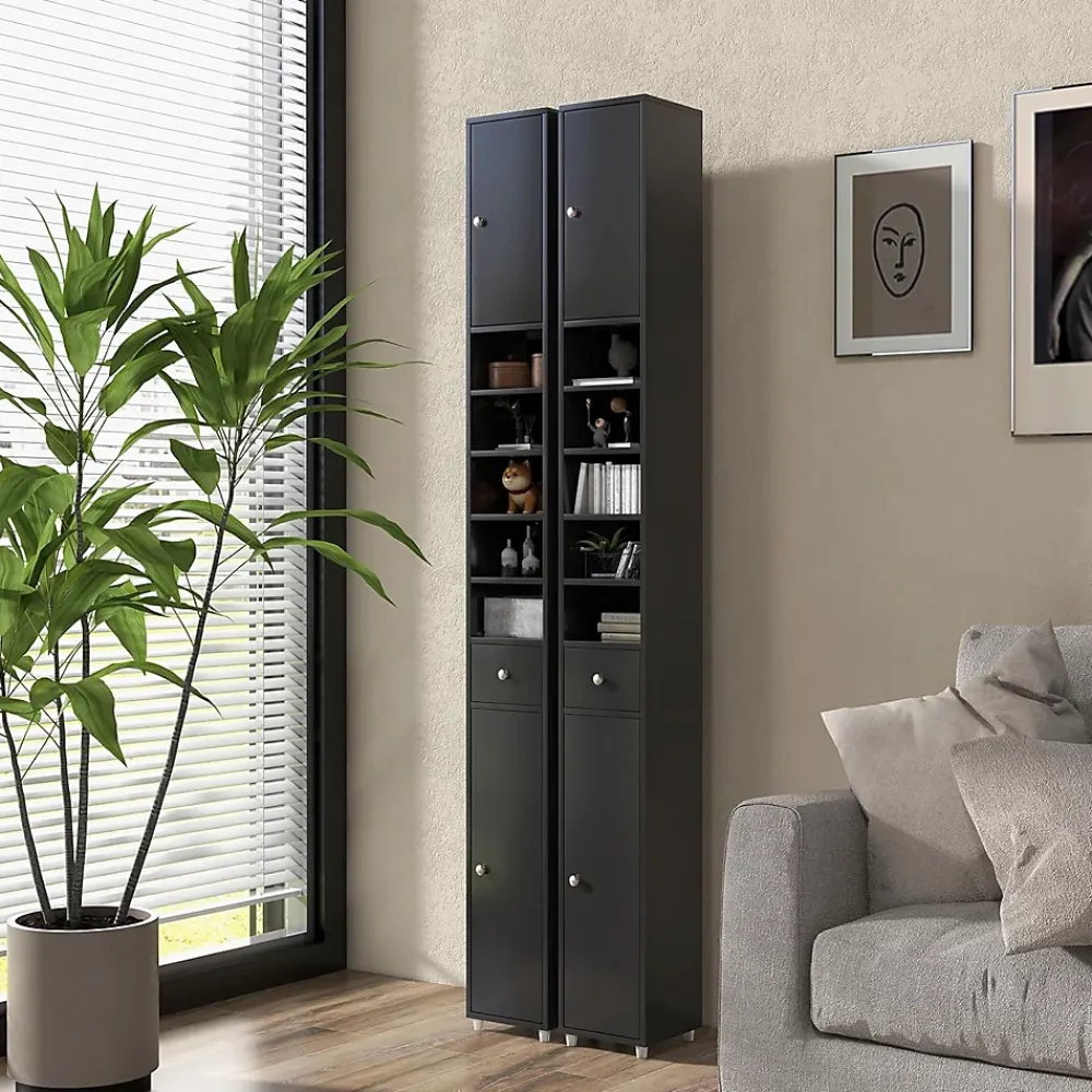 Giantex Colonne WC avec 2 Portes 1 Tiroir 5 Etageres Reglables Anti-basculement Meuble Colonne pour Petits Espaces 20x20x180cm