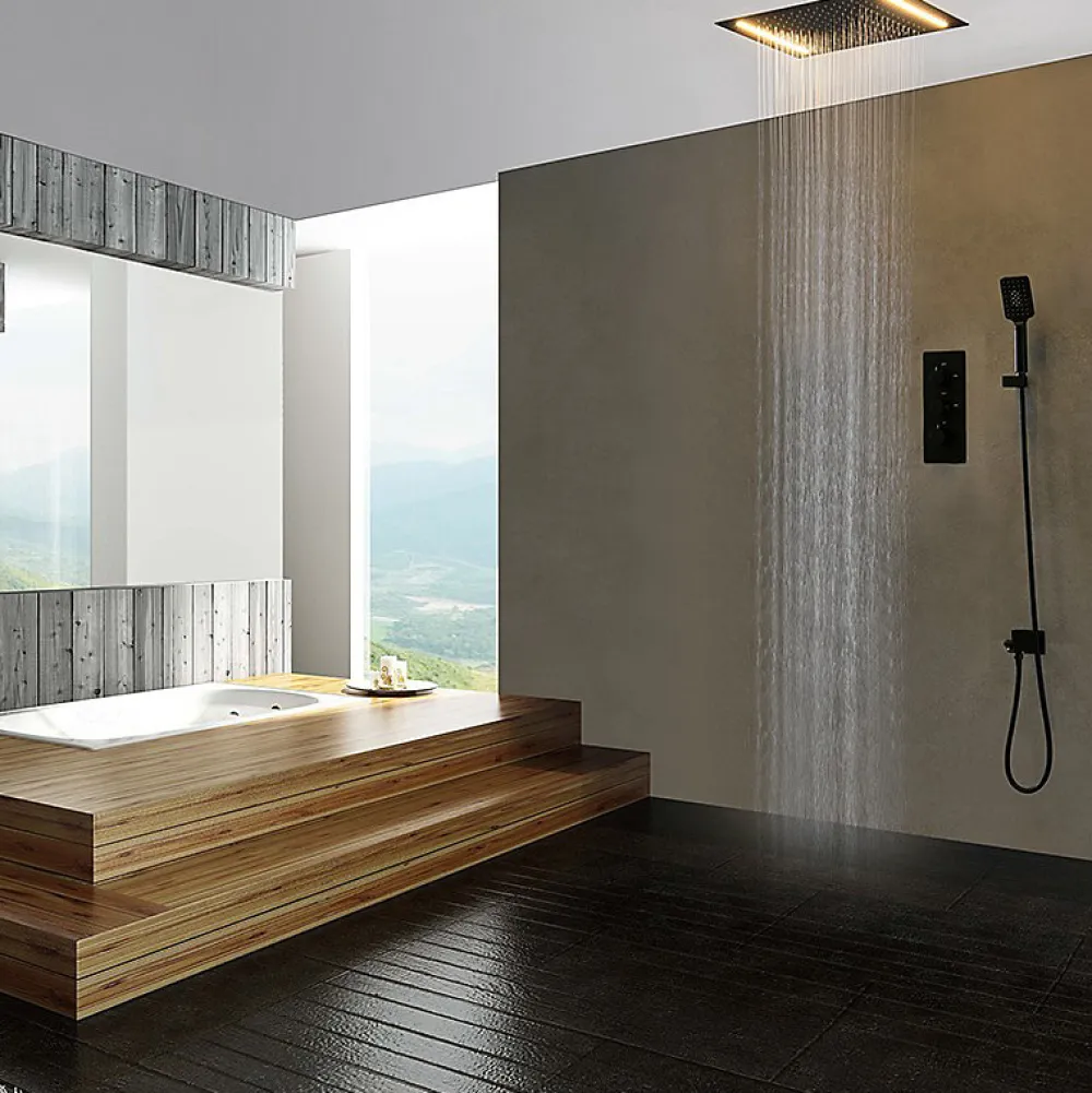 Colonne De Douche Encastrable|Artisse Composition de douche Ciel de pluie 400x400 mm noir mat led, thermostatique, Secax