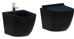 Wc À Poser|Laneri Couple de sanitaires suspendu Rimless sans bride, gamme New Bent de couleur noire mat avec abattant soft-close inclus