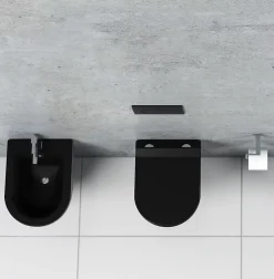 Wc À Poser|Laneri Couple de sanitaires suspendu Rimless sans bride, gamme New Bent de couleur noire mat avec abattant soft-close inclus