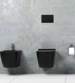 Wc À Poser|Laneri Couple de sanitaires suspendu Rimless sans bride, gamme New Bent de couleur noire mat avec abattant soft-close inclus