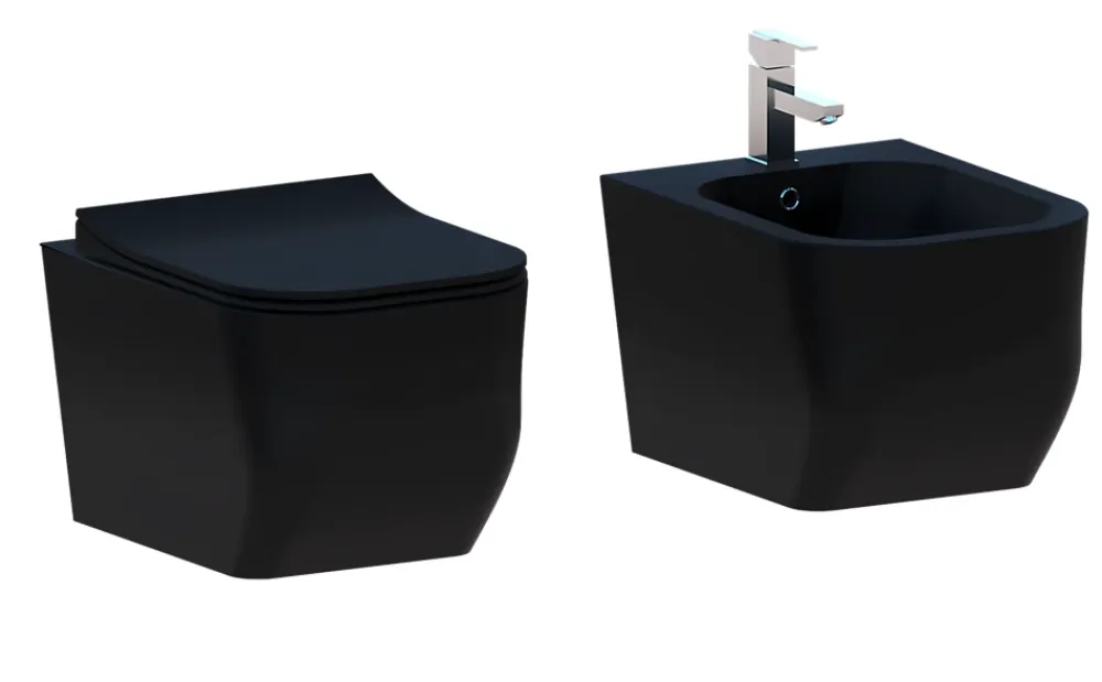 Laneri Couple de sanitaires suspendu Rimless sans bride, gamme New Edge de couleur noire mat avec abattant soft-close inclus