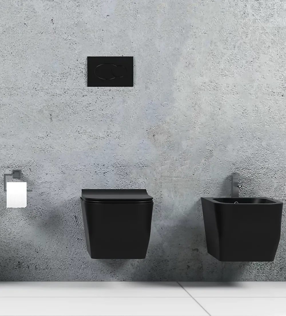 Laneri Couple de sanitaires suspendu Rimless sans bride, gamme New Edge de couleur noire mat avec abattant soft-close inclus