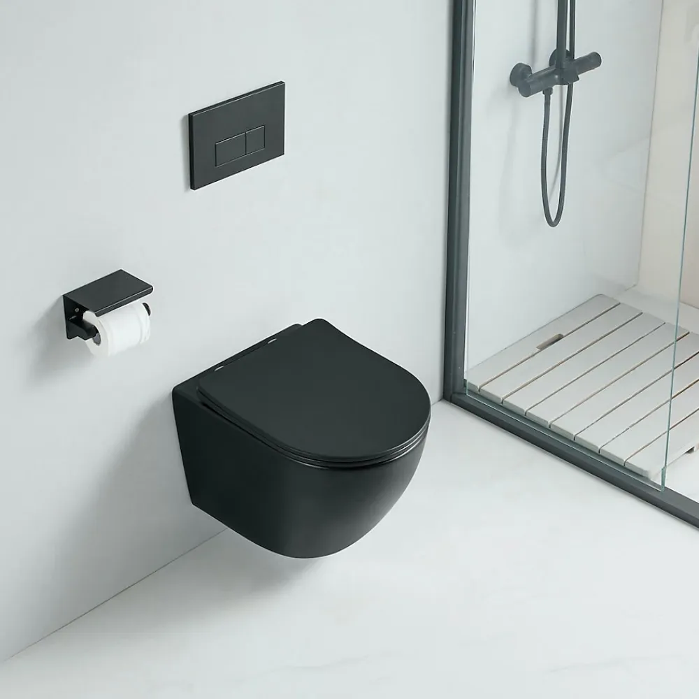 Wc Suspendu|Stano Cuvette WC suspendu CARCEO noir mat - sans bride et avec frein de chute