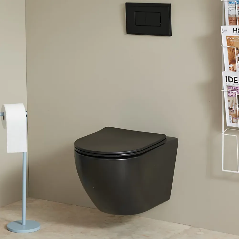 Wc Suspendu|Planète Bain Cuvette WC suspendu noir mat 54 cm sans bride fixations invisibles - Cyrus
