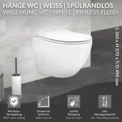 Luxebath Cuvette WC suspendu sans rebord céramique blanc abattant softclose nano revêt