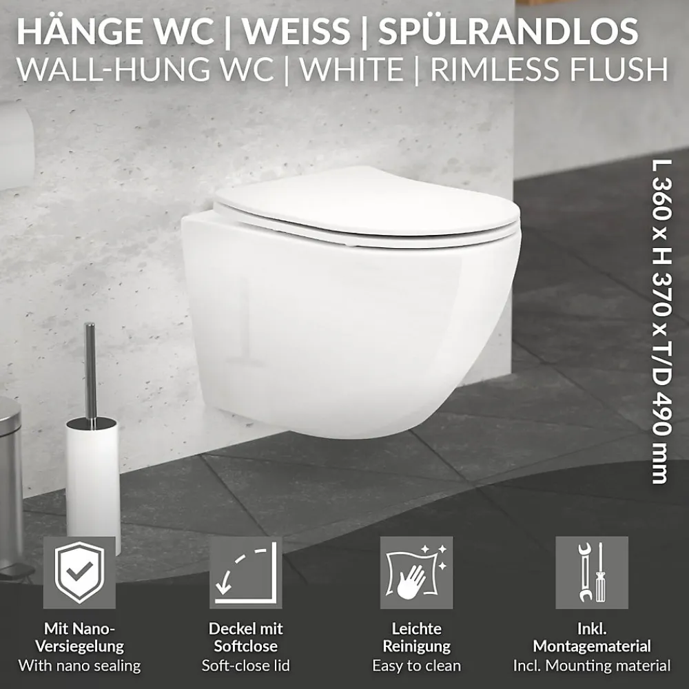 Luxebath Cuvette WC suspendu sans rebord céramique blanc abattant softclose nano revêt