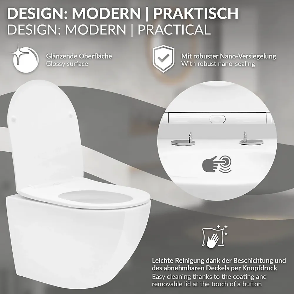 Luxebath Cuvette WC suspendu sans rebord céramique blanc abattant softclose nano revêt