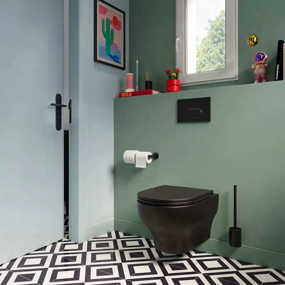 Wc Suspendu|GoodHome Cuvette WC suspendue sans bride avec abattant déclipsable et frein de chute, sortie horizontale, noir, effet Vortex, Cavally