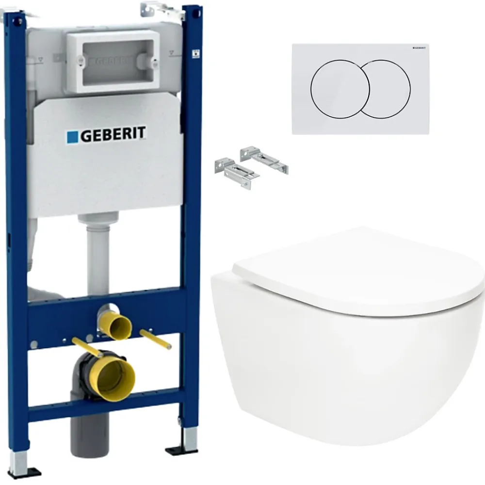 Wc Suspendu|Geberit Delta Pack WC Bâti support Duofix 112 cm + WC SAT Tornado sans bride + Abattant SoftClose + Plaque blanche (TORNADOGEB3)