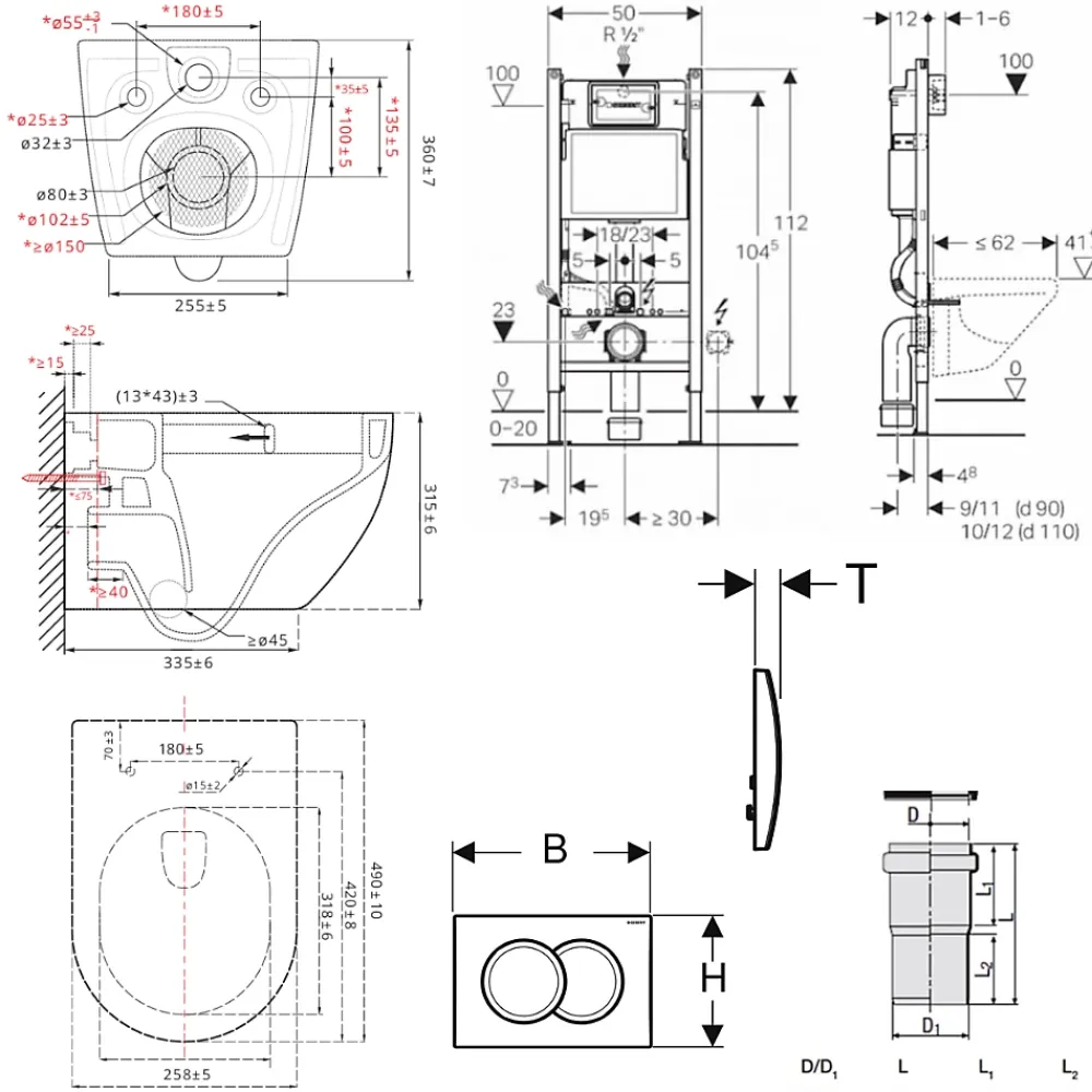 Wc Suspendu|Geberit Delta Pack WC Bâti support Duofix 112 cm + WC SAT Tornado sans bride + Abattant SoftClose + Plaque blanche (TORNADOGEB3)