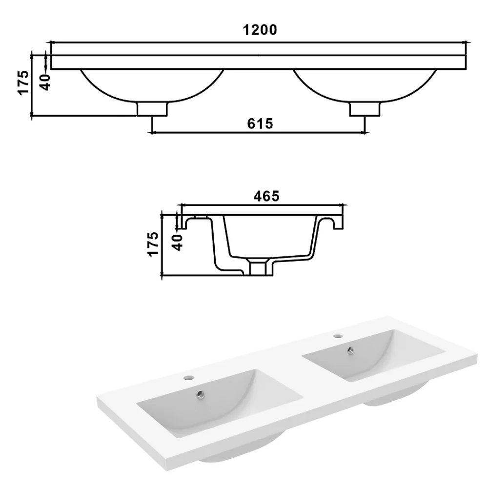 Plan Double Vasque|AICA Sanitaire Double lavabo blanc 120x46.5x17.5 cm, Lavabo rectangulaire en marbre artificiel,
