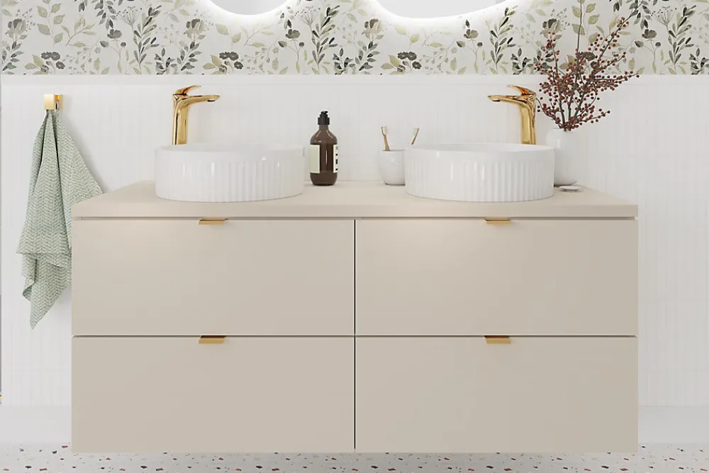 Furnidea Double meuble sous vasque à suspendre avec le plan DALIA CACHEMIRE 120 cm