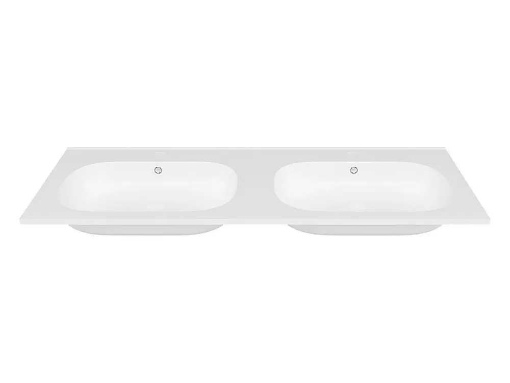 Vasque À Encastrer|Vente-unique Double vasque à encastrer en résine effet pierre - Blanc - L120 x l46 cm - ATIWA