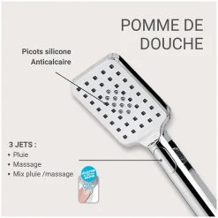 Robinet De Douche|Mob-In Douchette chromée rectangulaire 3 jets ELOA