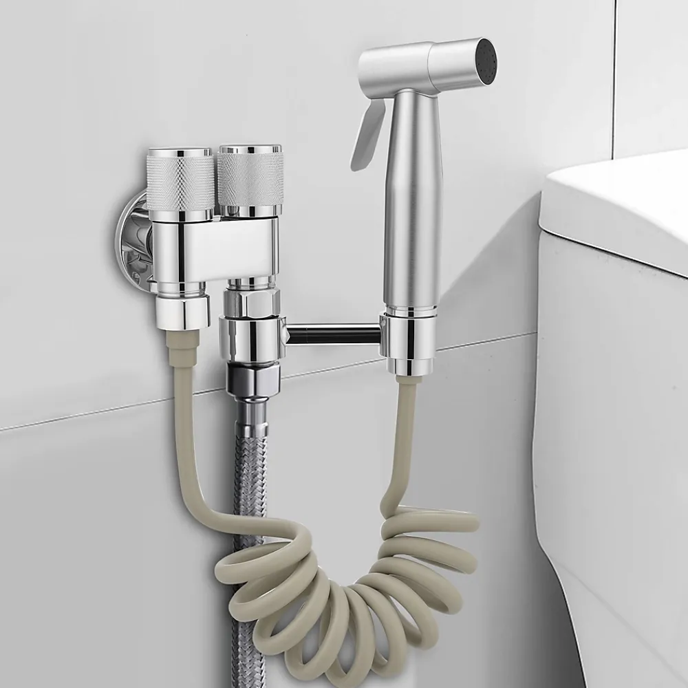 ProximaX Douchette de bidet pour toilettes, 1-en-2 sorties, double commande, robinet et tuyau, animaux et nettoyage salle de bain, Argent