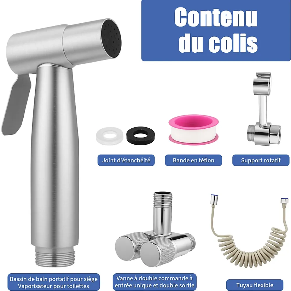 ProximaX Douchette de bidet pour toilettes, 1-en-2 sorties, double commande, robinet et tuyau, animaux et nettoyage salle de bain, Argent