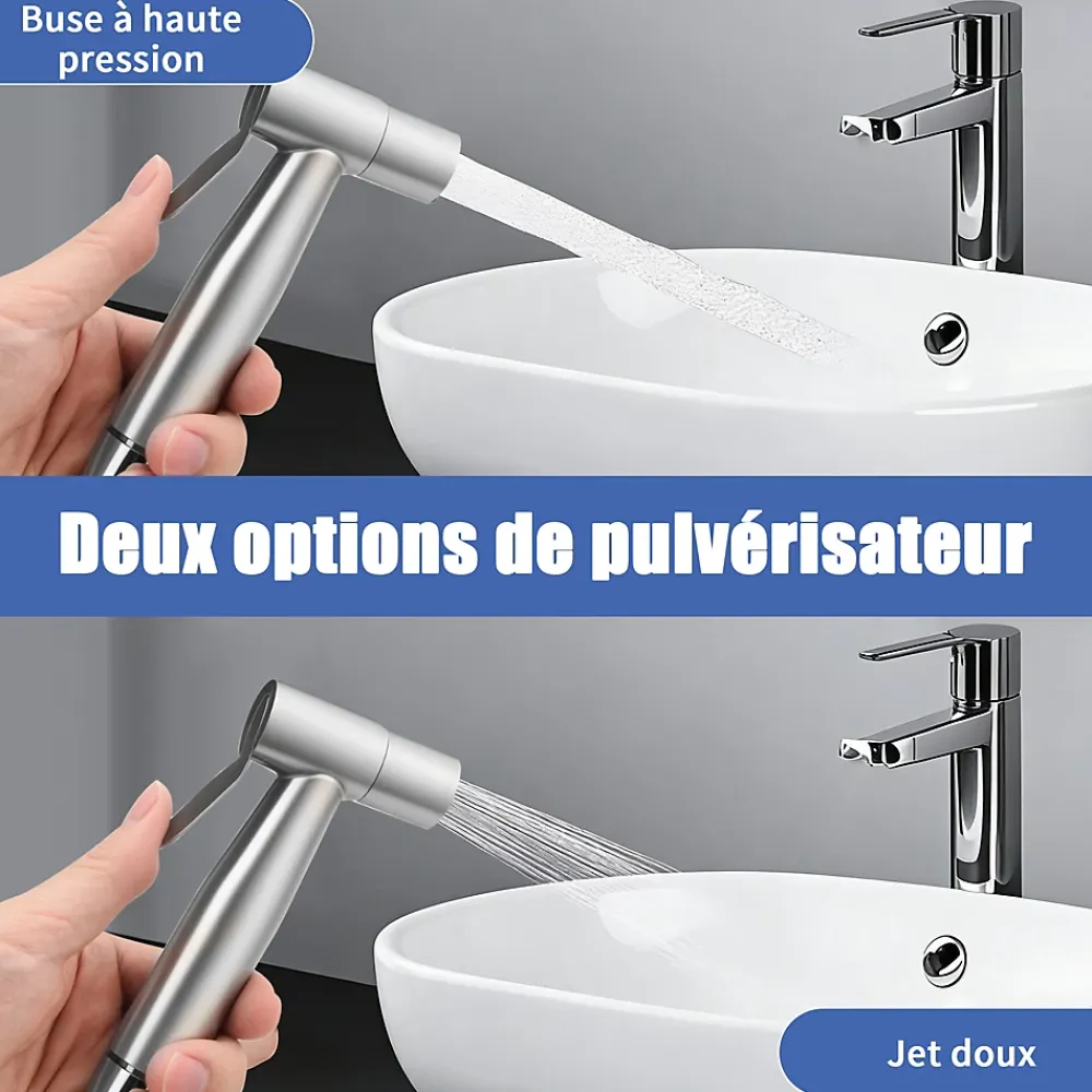 ProximaX Douchette de bidet pour toilettes, 1-en-2 sorties, double commande, robinet et tuyau, animaux et nettoyage salle de bain, Argent