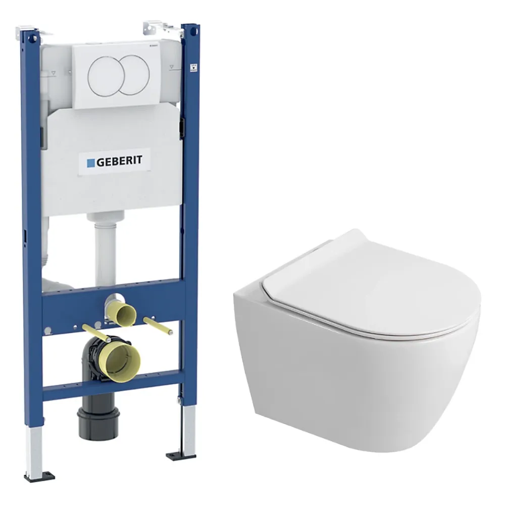 Wc Suspendu|Ceramica Duofix Pack WC bâti-support 112 cm + WC suspendu sans bride Ceramia avec abattant SoftClose + plaque blanche (GEBCEPXWT01-FR)