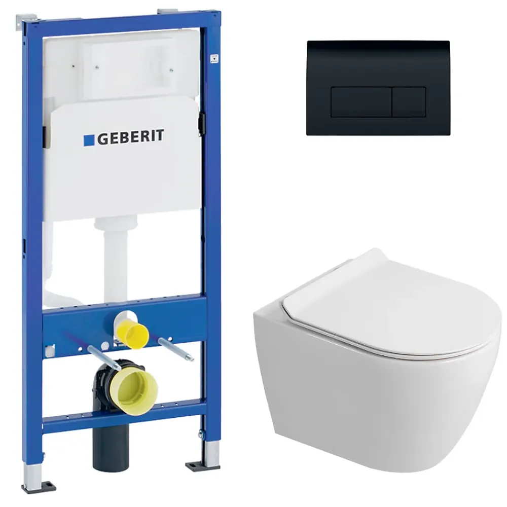 Geberit Duofix pack WC bâti-support UP100 + WC suspendu sans bride Ceramia avec abattant SoftClose + plaque noir (GEBCEPXWT09-FR)
