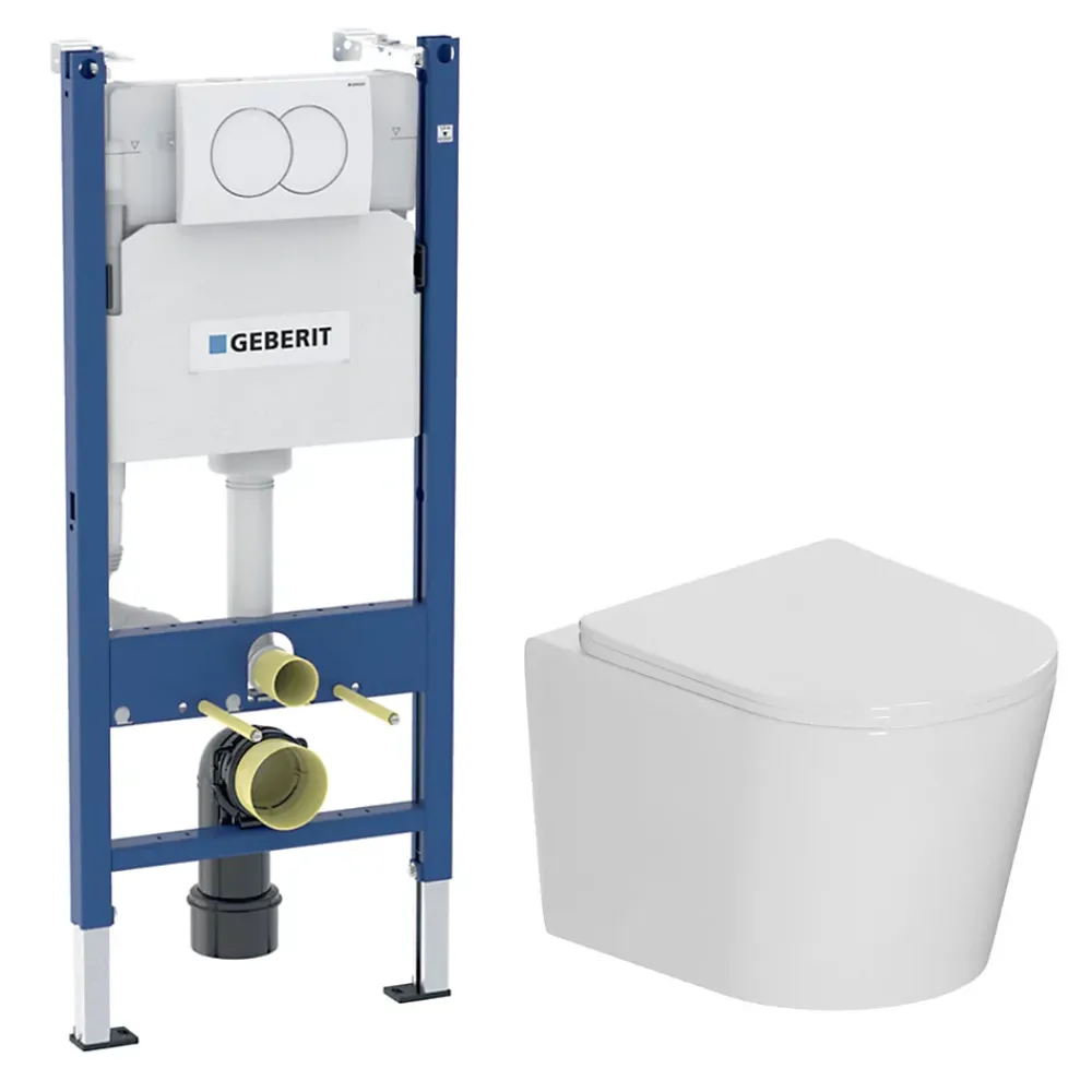 Wc Suspendu|Geberit Duofix Pack WC bâti-support + WC suspendu sans bride avec abattant SoftClose Ceramia + plaque blanche (GEBCE14WT05-FR)