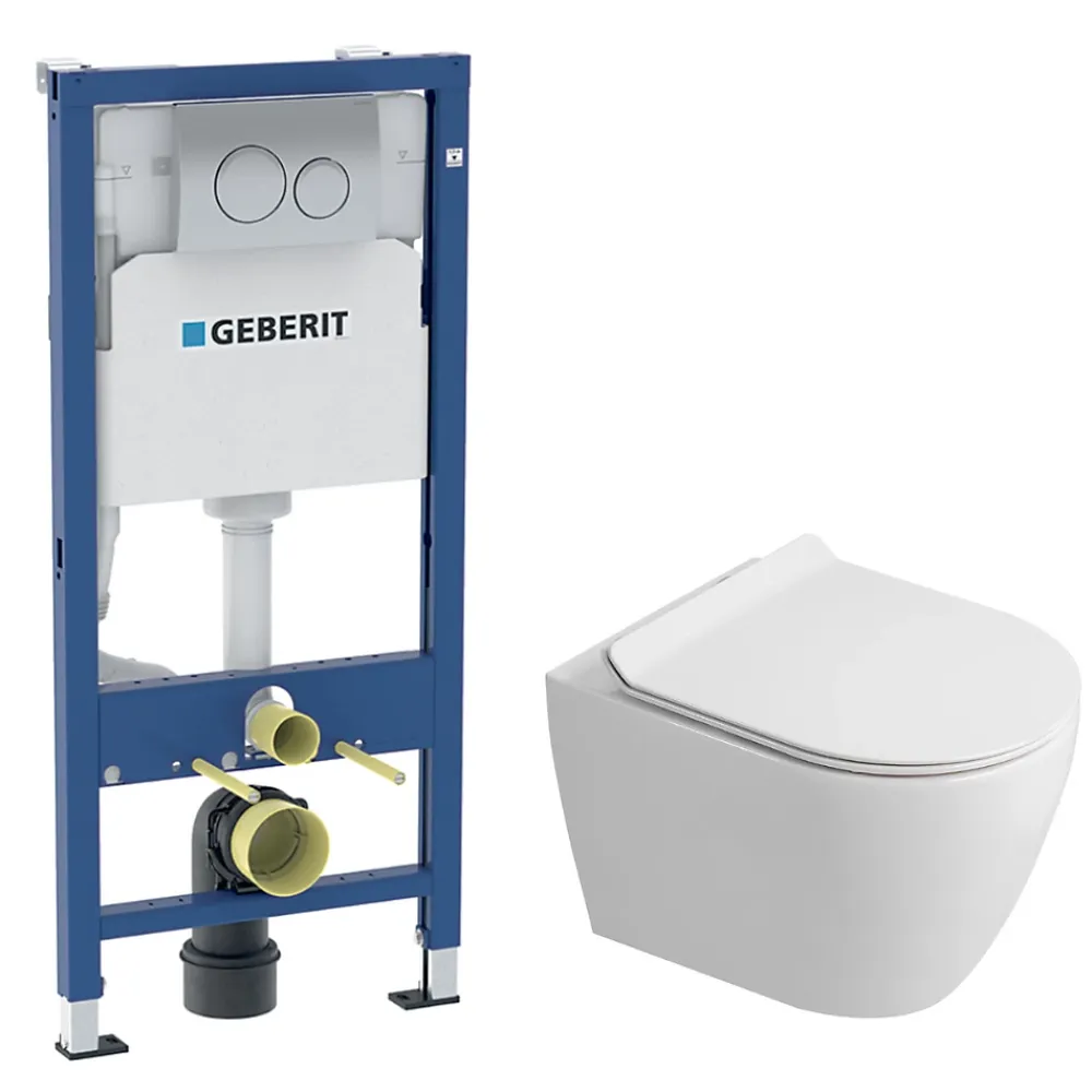 Wc Suspendu|Geberit Duofix Pack WC bâti-support 112 cm + WC suspendu sans bride Ceramia avec abattant SoftClose + plaque chrome (GEBCEPXWT03-FR)