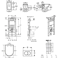 Wc Suspendu|Geberit Duofix pack WC bâti-support UP100 + WC suspendu sans bride Roca avec abattant SoftClose + plaque blanche (GEBROGAWR02-FR)