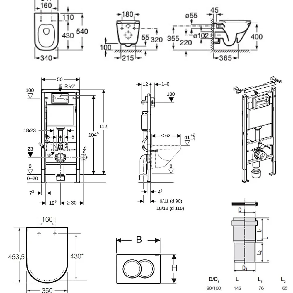 Wc Suspendu|Geberit Duofix pack WC bâti-support UP100 + WC suspendu sans bride Roca avec abattant SoftClose + plaque blanche (GEBROGAWR02-FR)