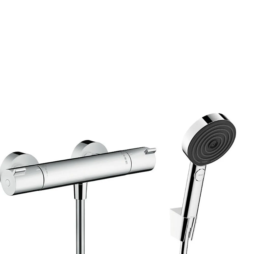 Colonne De Douche Sans Robinetterie|Hansgrohe Ecostat Set Mitigeur thermostatique douche + Douchette à main XXL 105mm 3 jets + Flexible de douche 125cm, support mural, Chrome