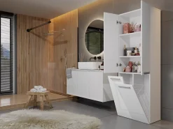 Armoire De Salle De Bains|Topeshop ELLOS - Armoire de salle de bain avec deux paniers - Poignées minimalistes - 174x60x30cms - Colonne de rangement