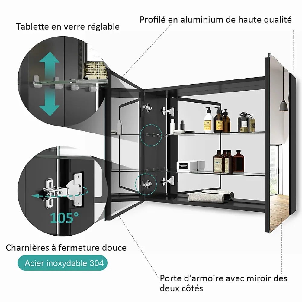 Armoire De Toilette|EMKE Armoire de toilette murale avec miroir double face - 85x65 cm- Noir mat - Fermeture douce - Tablettes en verre réglables