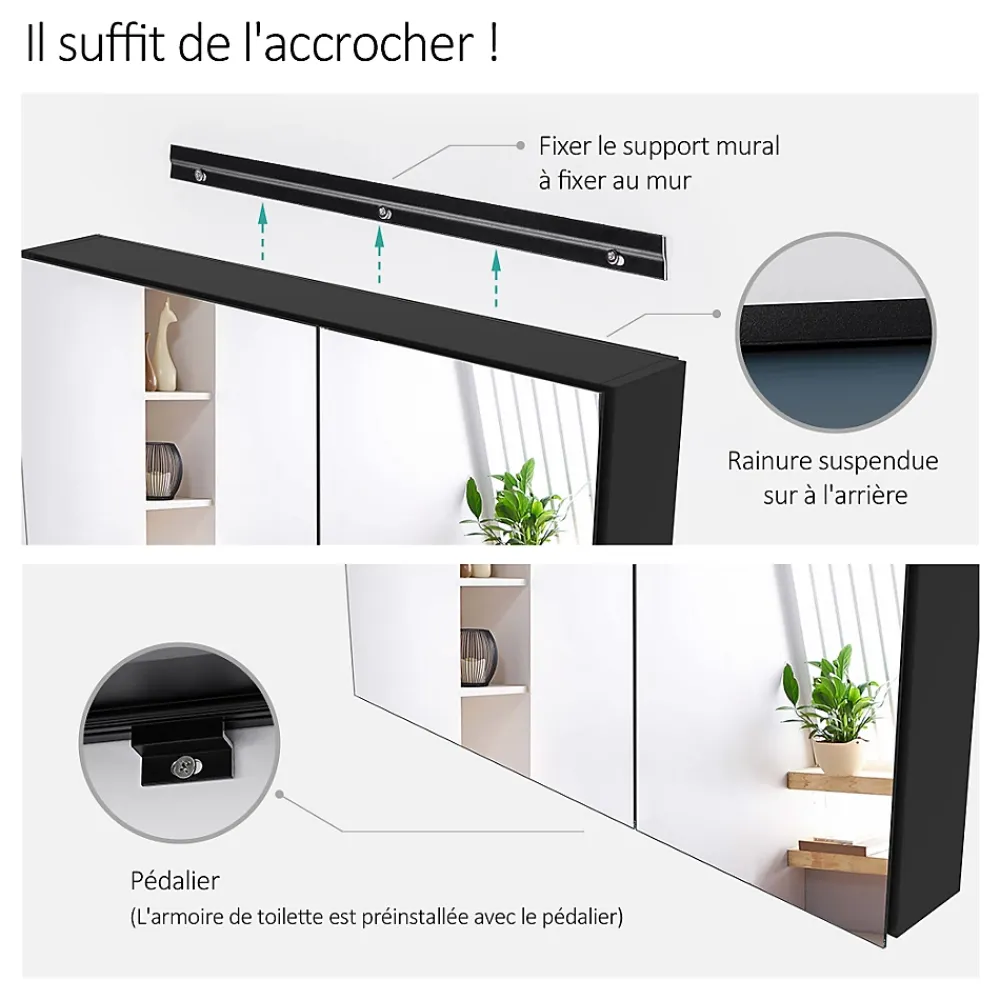 Armoire De Toilette|EMKE Armoire de toilette murale avec miroir double face - 85x65 cm- Noir mat - Fermeture douce - Tablettes en verre réglables