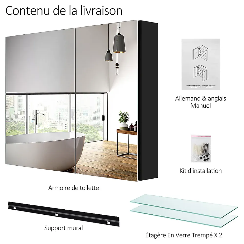 Armoire De Toilette|EMKE Armoire de toilette murale avec miroir double face - 85x65 cm- Noir mat - Fermeture douce - Tablettes en verre réglables