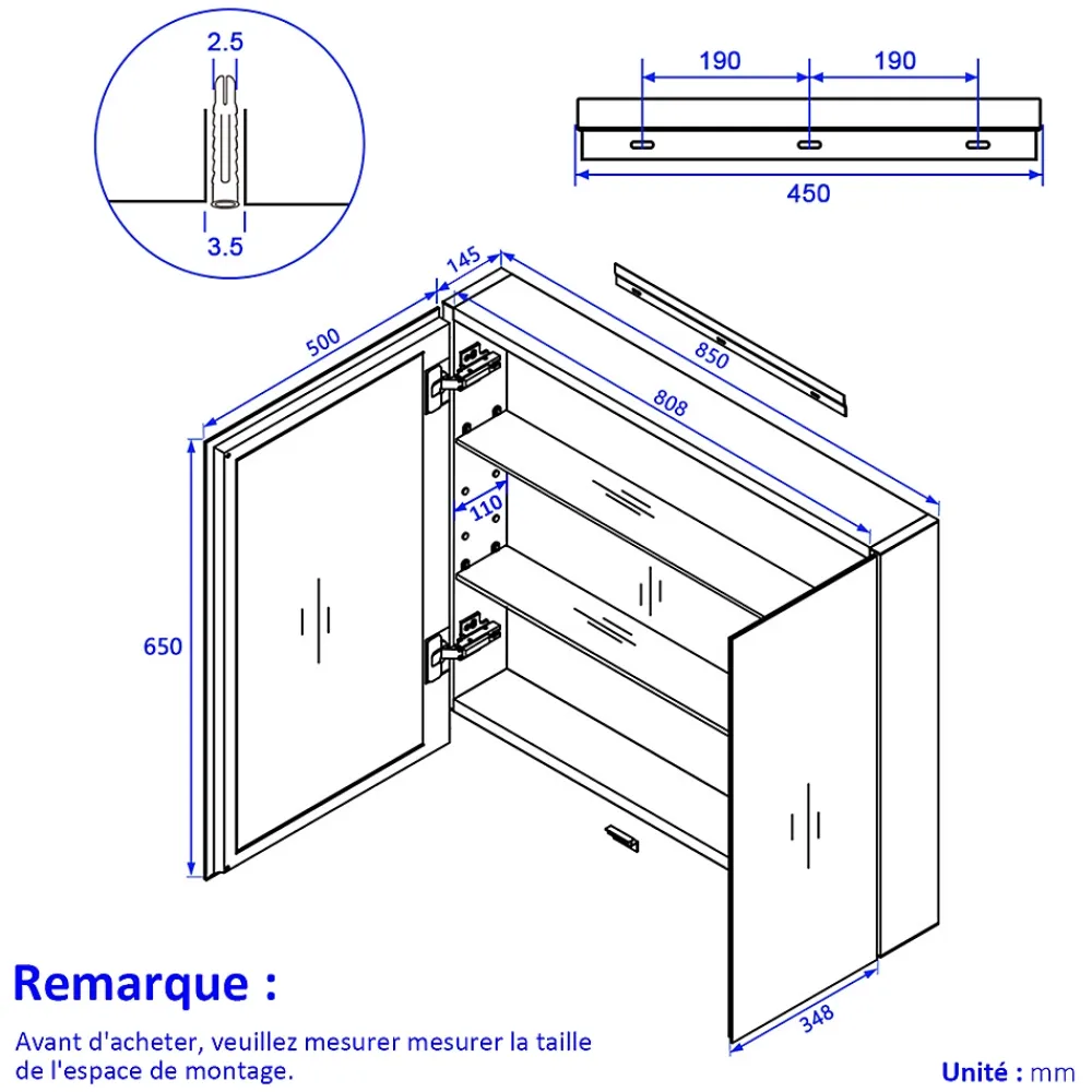 Armoire De Toilette|EMKE Armoire de toilette murale avec miroir double face - 85x65 cm- Noir mat - Fermeture douce - Tablettes en verre réglables