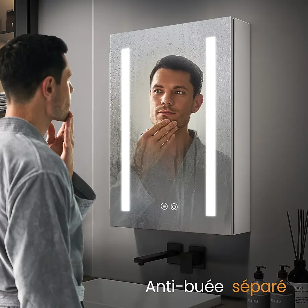EMKE Armoire de Toilette 1 Porte - Charnières Gauche, LED Ajustable 3000K-6500K, Anti-Buée, Soft Close, Prises USB