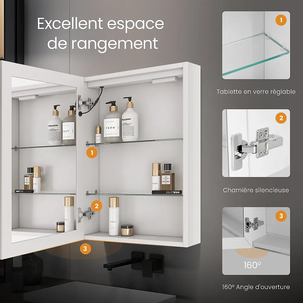 EMKE Armoire de Toilette 1 Porte - Charnières Gauche, LED Ajustable 3000K-6500K, Anti-Buée, Soft Close, Prises USB
