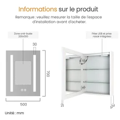 EMKE Armoire de Toilette 1 Porte - Charnières Gauche, LED Ajustable 3000K-6500K, Anti-Buée, Soft Close, Prises USB