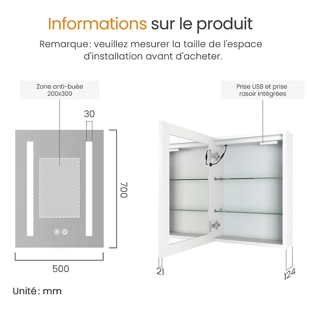 EMKE Armoire de Toilette 1 Porte - Charnières Gauche, LED Ajustable 3000K-6500K, Anti-Buée, Soft Close, Prises USB
