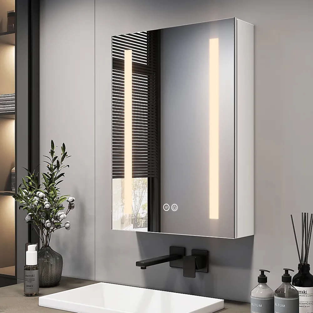 EMKE Armoire de Toilette 1 Porte - Charnières Gauche, LED Ajustable 3000K-6500K, Anti-Buée, Soft Close, Prises USB