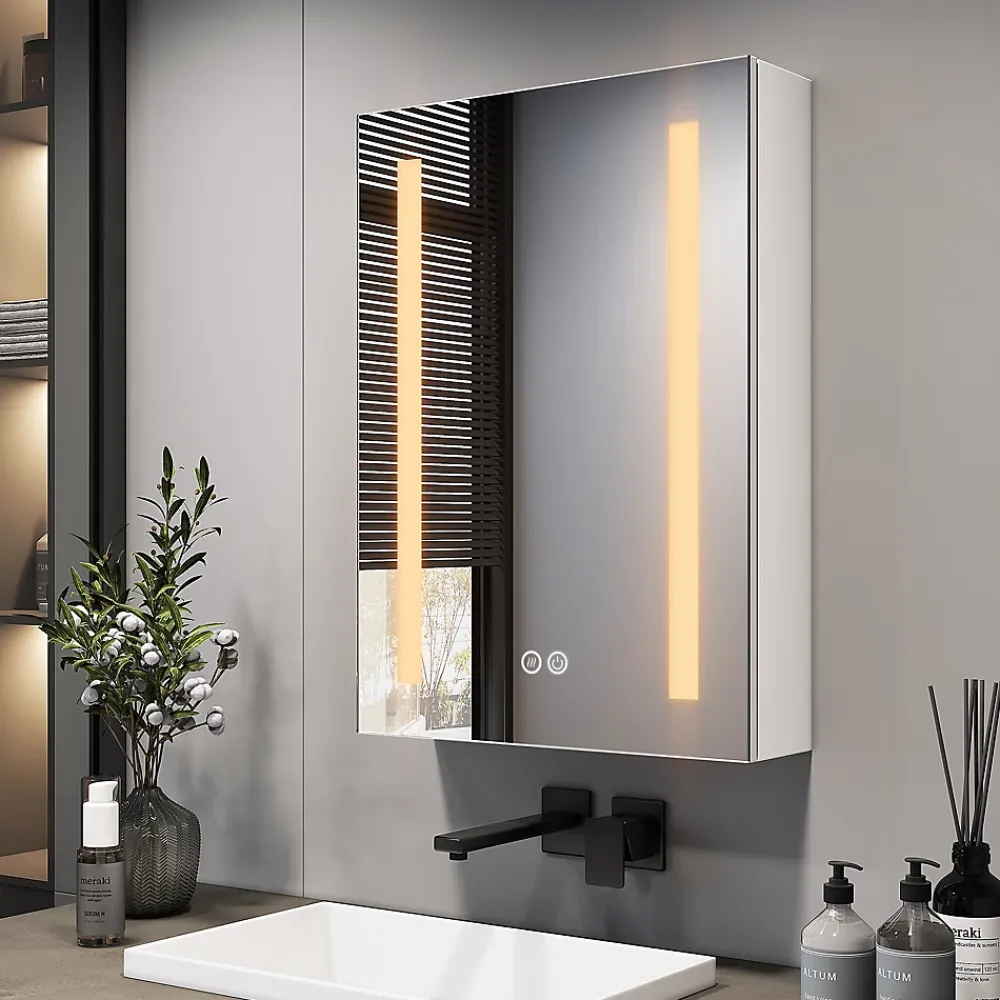 EMKE Armoire de Toilette 1 Porte - Charnières Gauche, LED Ajustable 3000K-6500K, Anti-Buée, Soft Close, Prises USB