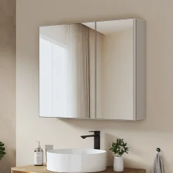 Armoire De Toilette|EMKE Armoire de toilette 2 portes 65x80 cm blanche, miroir avec rangement intégré, tablettes en verre réglables