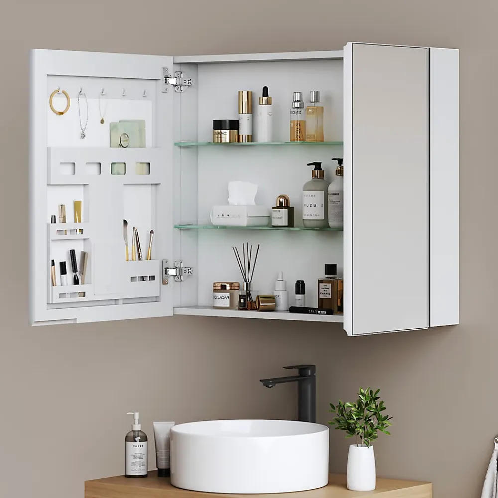 Armoire De Toilette|EMKE Armoire de toilette 2 portes 65x80 cm blanche, miroir avec rangement intégré, tablettes en verre réglables