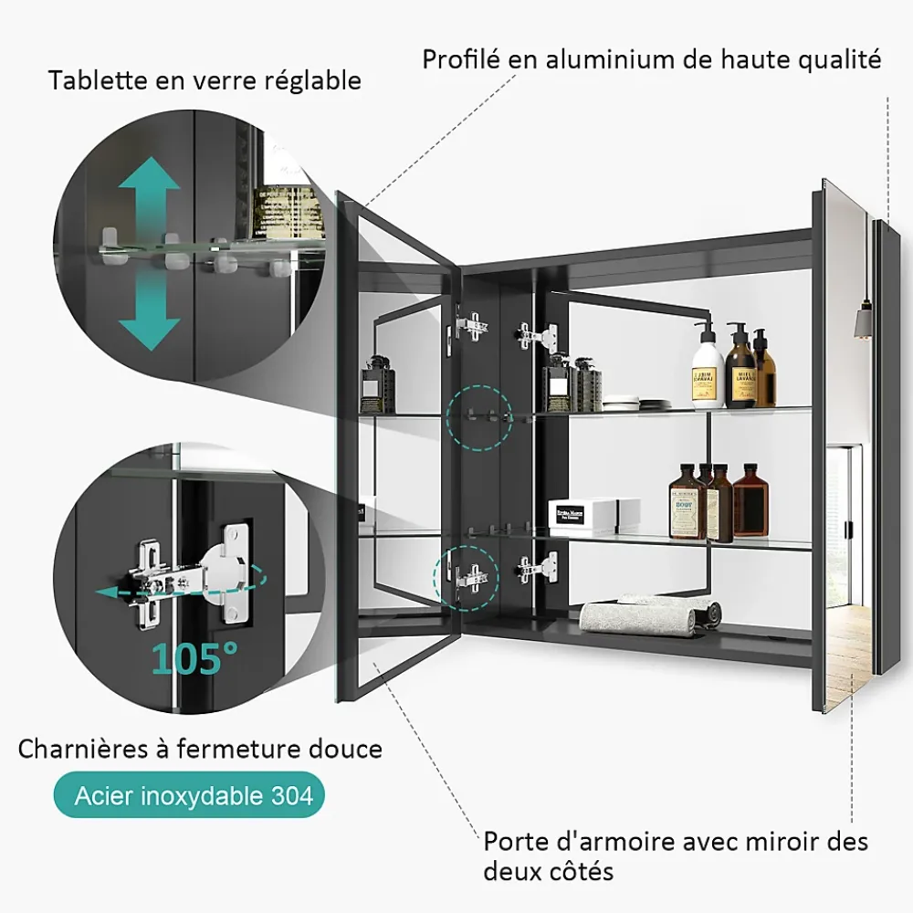 Armoire De Toilette|EMKE Armoire de toilette murale avec miroir double face - 75x65 cm- Noir mat - Fermeture douce - Tablettes en verre réglables