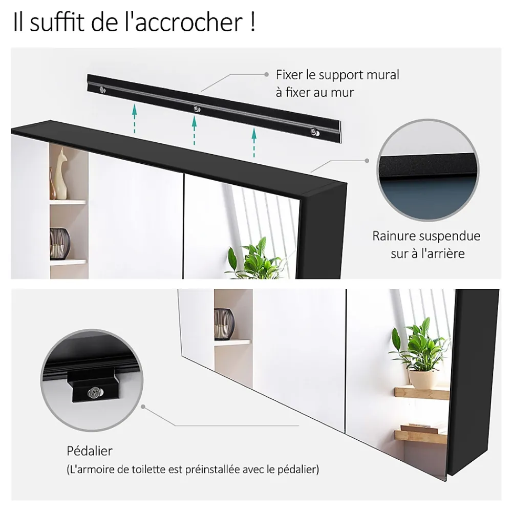Armoire De Toilette|EMKE Armoire de toilette murale avec miroir double face - 75x65 cm- Noir mat - Fermeture douce - Tablettes en verre réglables