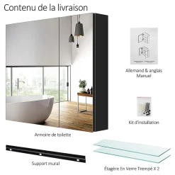 Armoire De Toilette|EMKE Armoire de toilette murale avec miroir double face - 75x65 cm- Noir mat - Fermeture douce - Tablettes en verre réglables