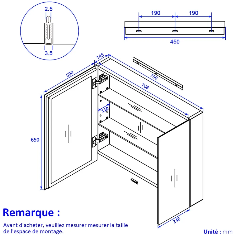 Armoire De Toilette|EMKE Armoire de toilette murale avec miroir double face - 75x65 cm- Noir mat - Fermeture douce - Tablettes en verre réglables