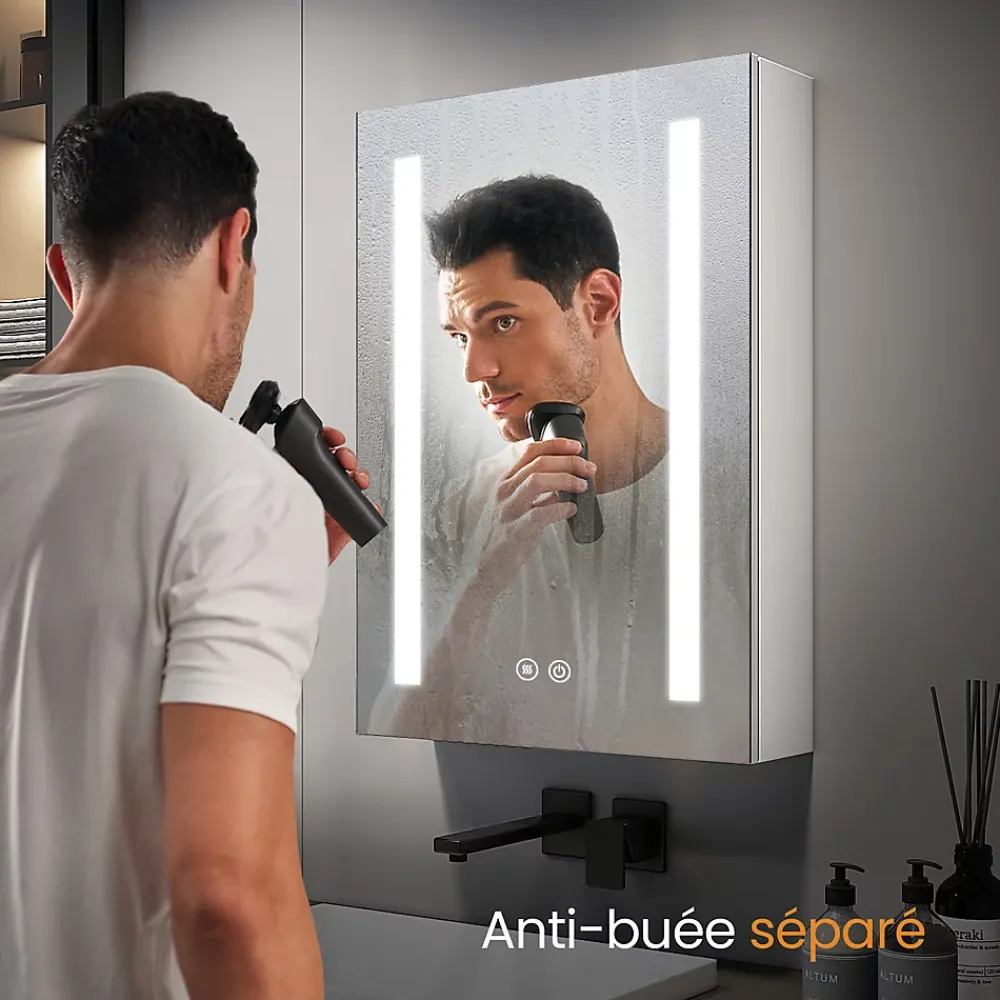 EMKE Armoire de Toilette 1 Porte - Charnières Gauche, LED Ajustable 3000K-6500K, Anti-Buée, Soft Close, Prises USB